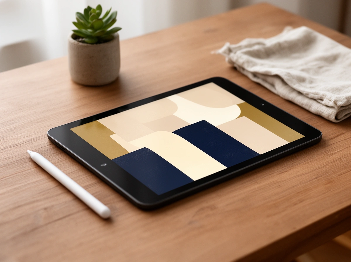 Tablet con un'illustrazione astratta appoggiato su una scrivania