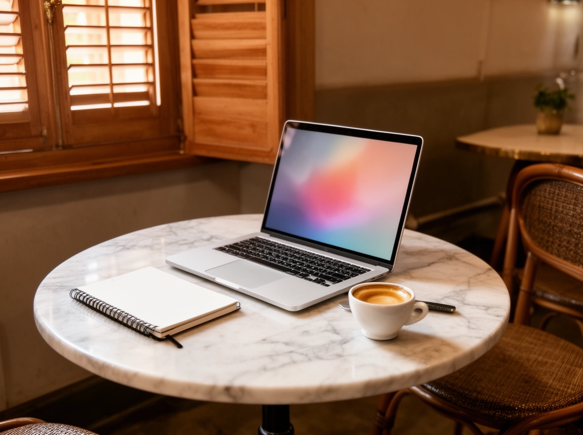 Portatile aperto su un tavolo con quaderno e tazza, pronto per una videochiamata